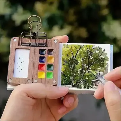 Mini Travel Watercolor Palette Set, 5 Counts/set 8/15-Portable Wooden Watercolor Paint Box with Sketchbook & Color Pigments &...