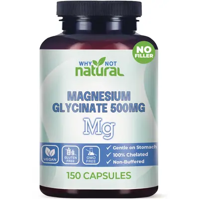 Why Not Natural Magnesium Glycinate 500 mg per capsule with 70 mg elemental magnesium each Supplement Edible Healthcare