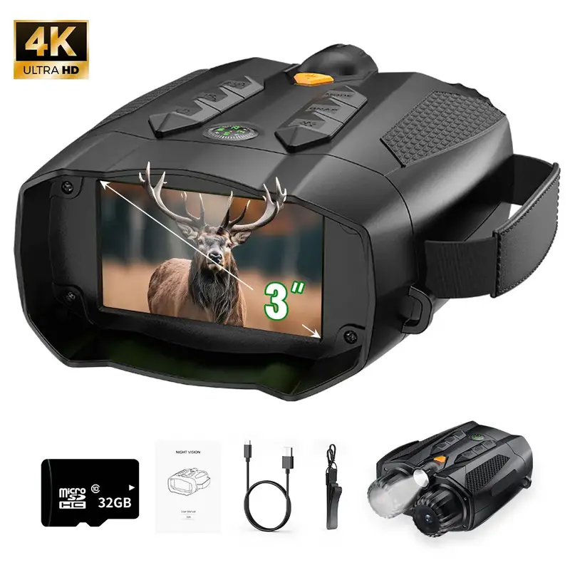3.0 Inch 4K Night Vision Binoculars With 32GB SD Card, Rechargeable, Digital Electronic Gifts - Hunting Gifts for Men/Dad/Hus...