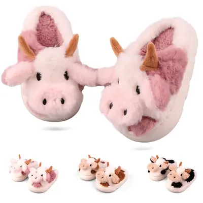 Cute Cartoon Cow Warm Fleece Slippers For Baby And Girls, Non Slip Lightweight Slip On Slippers For Indoor Home For Winter