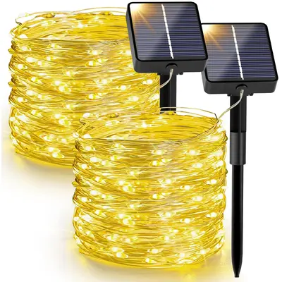 Tuffenough Solar Outdoor String Lights(2Packs)- 3000K Soft White Lights - 33FT 100LED Waterproof Lights with 8 Modes for ...