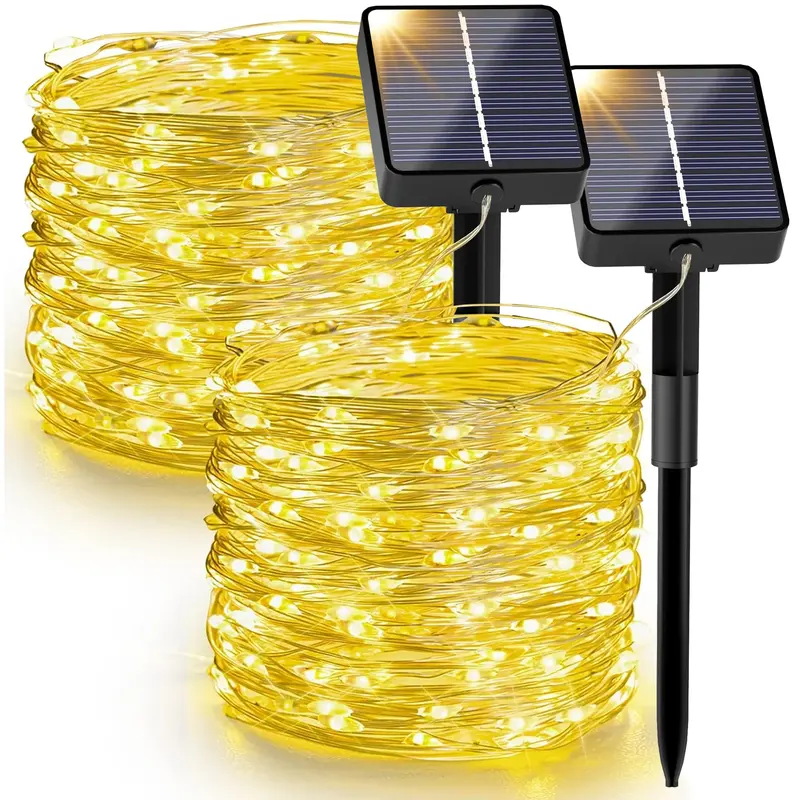 Tuffenough Solar Outdoor String Lights（2Packs）- 3000K Soft White Lights - 33FT 100LED Waterproof Lights with 8 Modes for ...