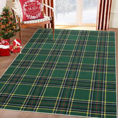 Garvee Washable Christmas Area Rug 9x12 Green Plaid Soft Low Pile Non-Slip Stain Resistant Polyester Living Room Bedroom Deco...