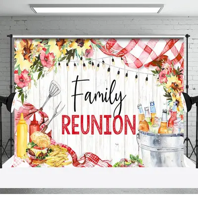 Floral Picnic Food Wooden Family Reunion Backdrop - Aperturee