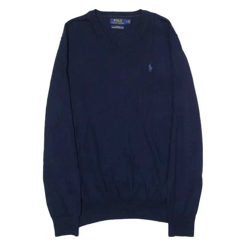POLO RALPH LAUREN Mens Jumper Blue V-Neck Tight Knit Wool M
