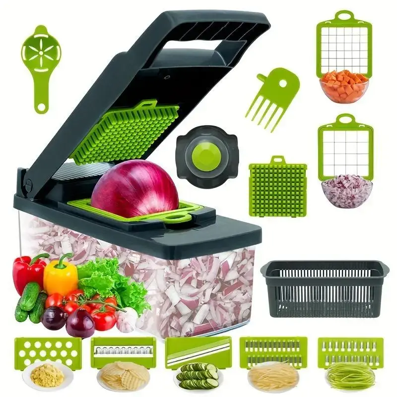 Multifunctional Vegetable Chopper, 1 Set Manual Fruit & Vegetable Cutter with Interchangeable Blade & Container, Vegetable Sh...
