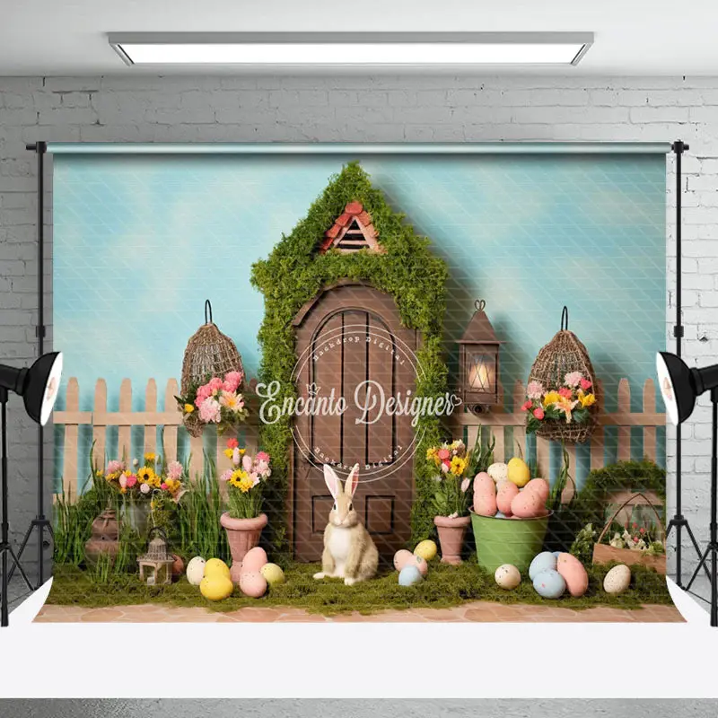 Rabbit Eggs Warm Brown Door Easter Photo Backdrop - Aperturee