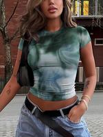 Women's Tie Dye Print Round Neck Crop Tee, Casual Slim-fitting Short Sleeve T-shirt for Spring & Fall, Ladies Clothes for Dai...