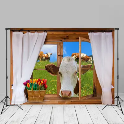 Milch Cow Brown Window Grass Spring Photo Backdrop - Aperturee
