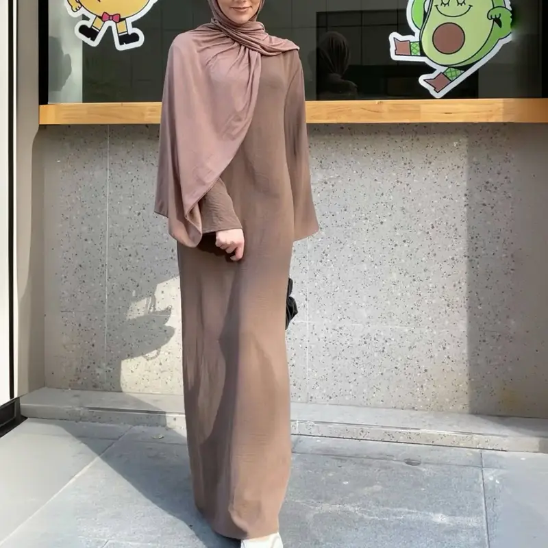 YNeedM Solid Crepe Slip Inner Dress Muslim MS111# - Loose-Fitting Long Sleeve Polyester Casual Midi Wrap Style for All Season...