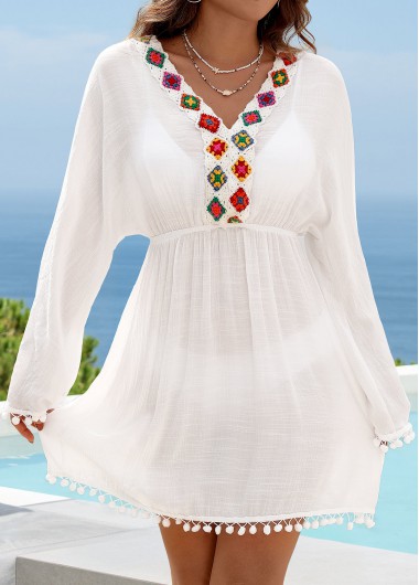 Modlily White Patchwork V Neck Cover Up - XL