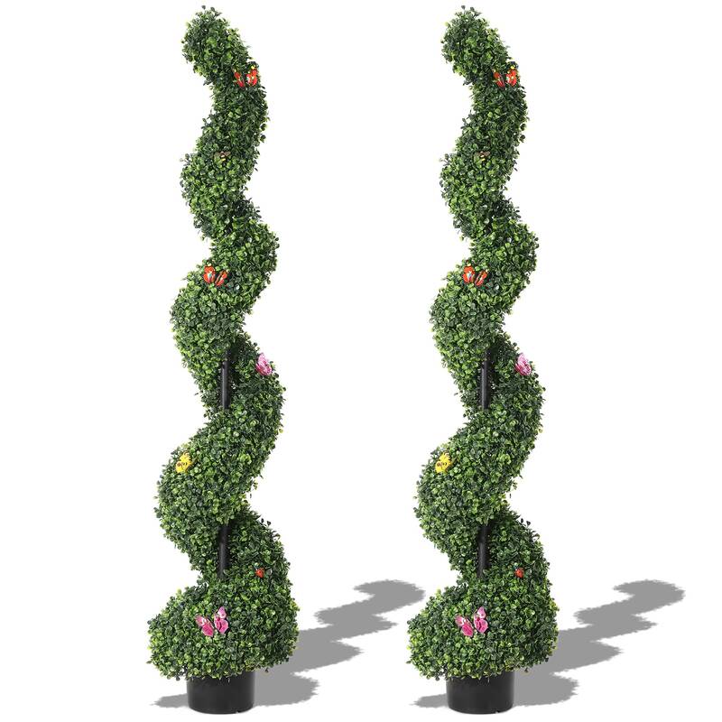 Garvee 2 PCS 5 FT Artificial Spiral Topiary Trees, UV Resistant Artificial Outdoor Plants with Straw Bag, Front Door Faux Pla...