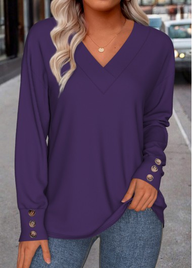 Modlily Purple Button Long Sleeve V Neck Sweatshirt - XXL