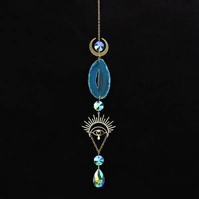 Natural Agate Piece & Metal Evil Eye Moon Hanging Ornaments