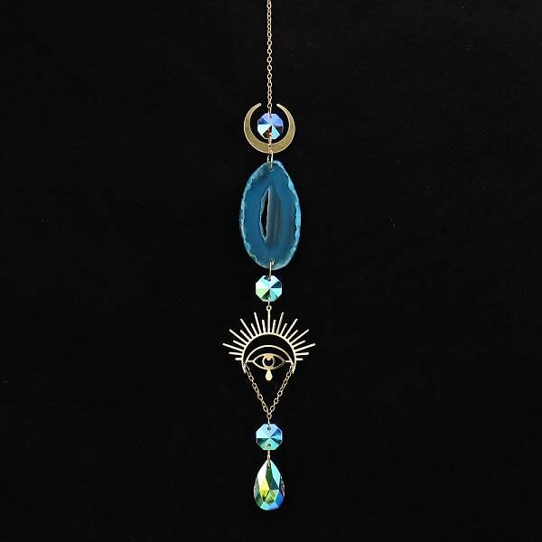 Natural Agate Piece & Metal Evil Eye Moon Hanging Ornaments