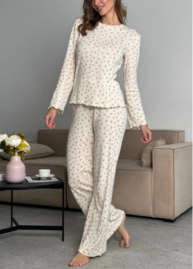 Modlily Beige Ditsy Floral Print Lounge Top and Pants - M