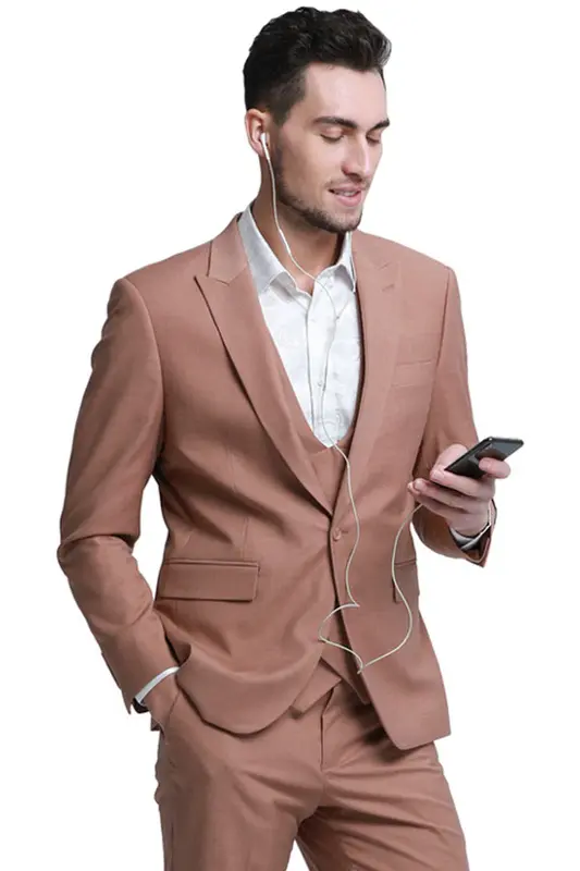 Peach Men's Slim Fit Wedding Suit with Peak Lapel Vest