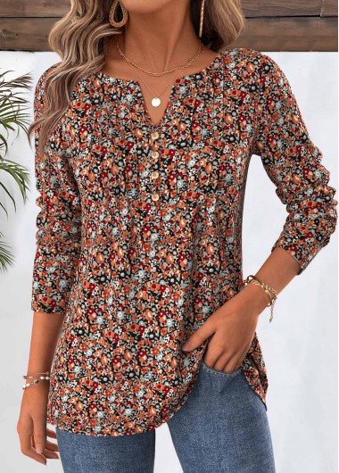 Modlily Multi Color Ditsy Floral Print Long Sleeve T Shirt - M
