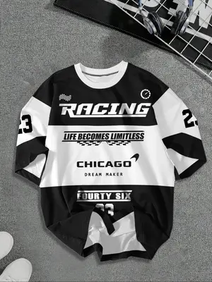 Men's Colorblock Letter Print Drop Shoulder Tee, Casual Soft Comfy Regular Fit Half Sleeve Round Neck T-Shirt for Summer, Na...