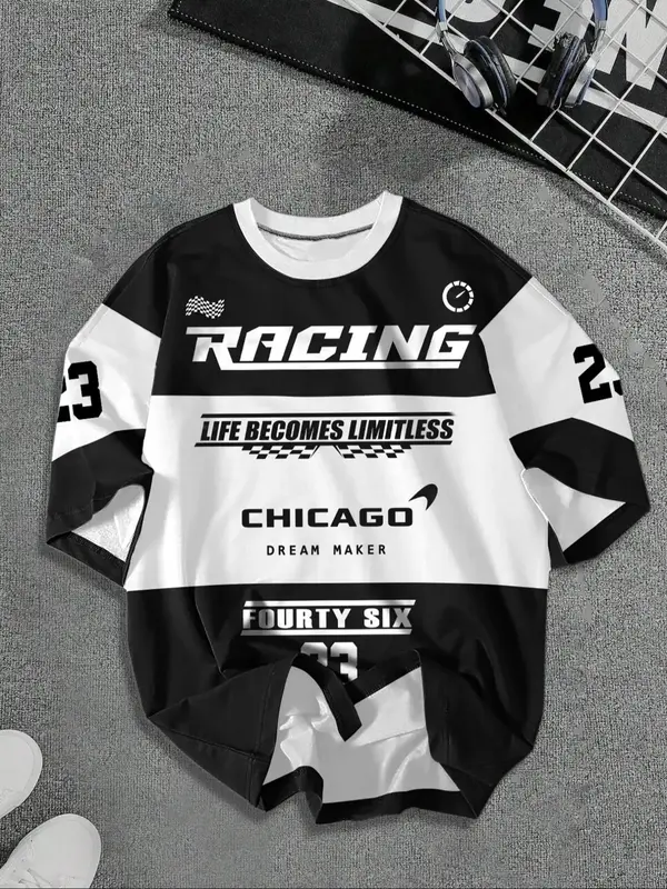 Men's Colorblock Letter Print Drop Shoulder Tee, Casual Soft Comfy Regular Fit Half Sleeve Round Neck T-Shirt for Summer, Na...