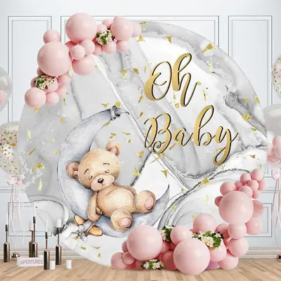 Aperturee Oh Baby Teddy Bear Round Grey Baby Shower Backdrop