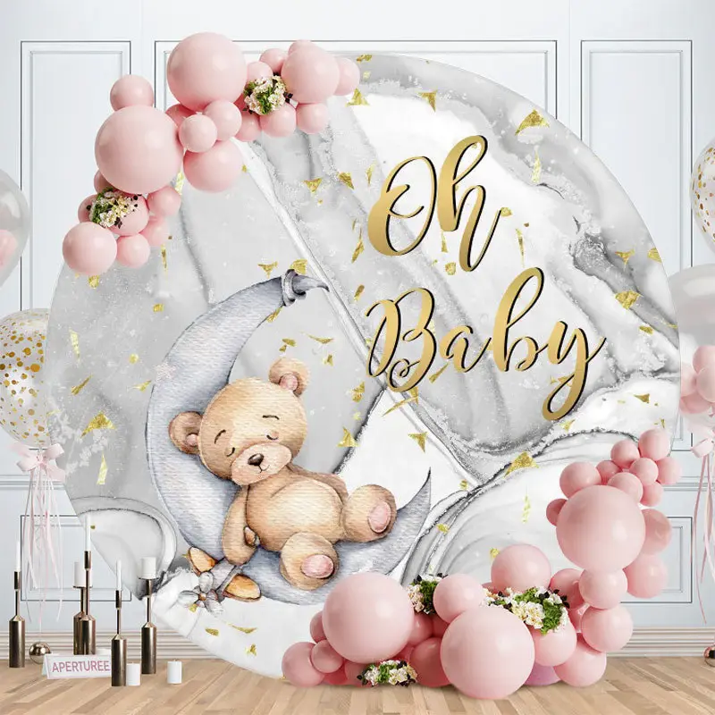 Aperturee Oh Baby Teddy Bear Round Grey Baby Shower Backdrop