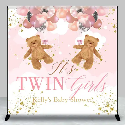 Pink Teddy Bear Custom Twins Baby Shower Backdrop - Aperturee