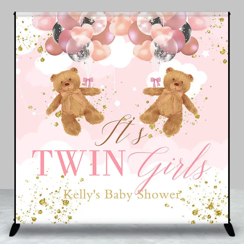 Pink Teddy Bear Custom Twins Baby Shower Backdrop - Aperturee