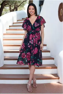 Goddiva Printed Lurex A-Line Flutter Sleeve Midi Dress - Black