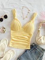 Women's Solid Color Ruched Crop Top, Elegant Casual Sleeveless Top for Daily Wear, Ladies Casual Fit Sleeveless Clothes for A...