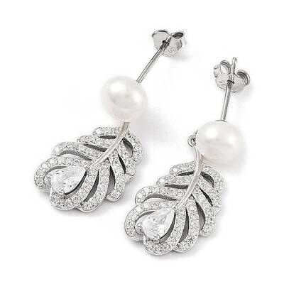 Anti-Tarnish Cubic Zirconia Feather with Natural Pearl Dangle Stud Earrings