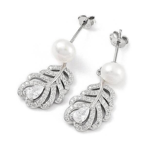 Anti-Tarnish Cubic Zirconia Feather with Natural Pearl Dangle Stud Earrings