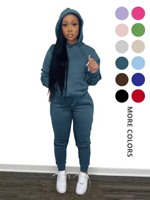 Women's Solid Drop Shoulder Hoodie & Drawstring Waist Pants Two-Piece Set, Casual Fashion Cozy Hooded Sweatshirt & Trousers f...