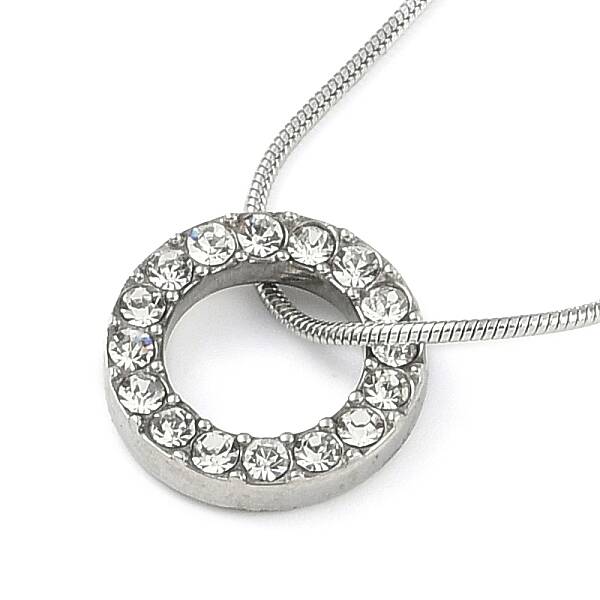 304 Stainless Steel Crystal Rhinestone Round Snake Chain Ring Pendant Necklaces for Women
