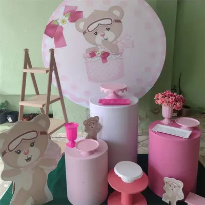 Aperturee Pink And Light Brow Teddy Bear Round Birthday Backdrop | Baby Shower Arch Backdrop | Round Party Backdrop | Round B...