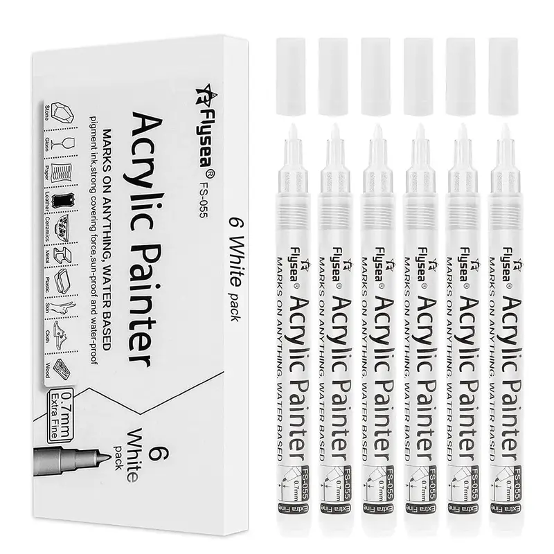 6pcs/set 0.7mm White Hard Point Acrylic Marker Pen, Waterproof Quick Drying Marker Pen, Suitable for Art Supplies for Glass C...