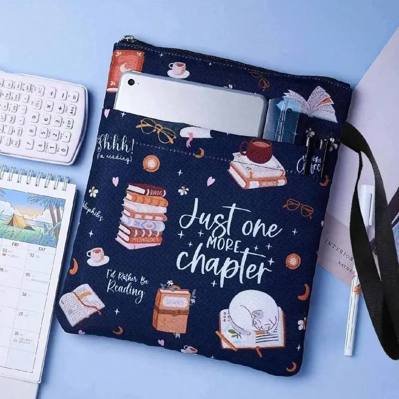 Books & Coffee & Cat Pattern Zipper Book Cover, 1 Count Waterproof Book Case with Accessory Pocket & Lanyard, Desk Organizer ...