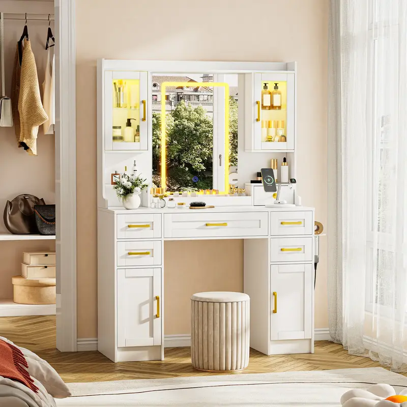 [Gift Idea] LHBcraft Makeup Vanity with 16 RGB Colors LED Lights, Adjustable Dressing Table with LED Lights, Vanity Mirror De...