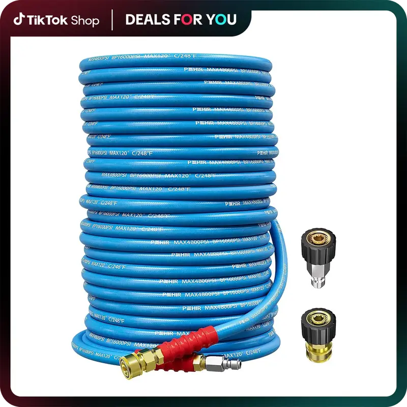 Dealsforyoudays POHIR Pressure Washer Hose 50FT 3/8 for Cold & Hot Water (Up to 248℉) 4800 PSI Kink Resistant Industrial ...