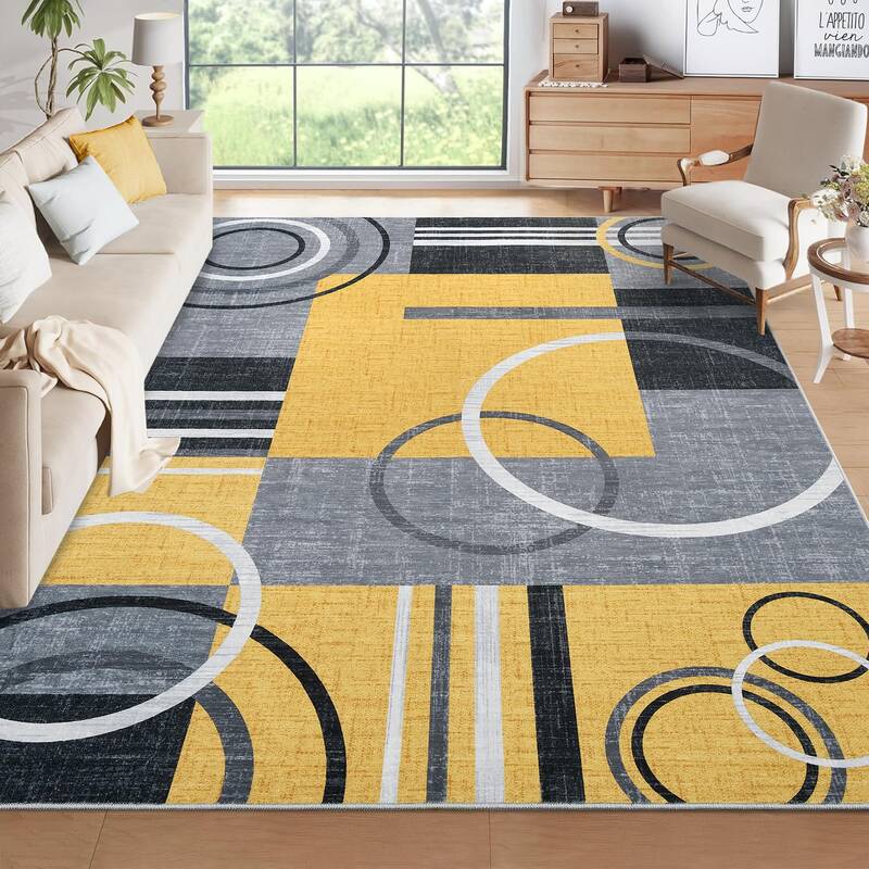 Garvee Modern Yellow 10x13 Large Area Washable Rugs, Geometric Low Pile Non-Slip Polyester Durable Stain-Resistant Indoor Liv...