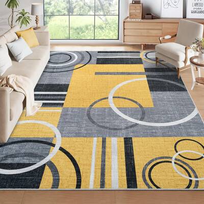 Garvee Modern Yellow 10x13 Large Area Washable Rugs, Geometric Low Pile Non-Slip Polyester Durable Stain-Resistant Indoor Liv...