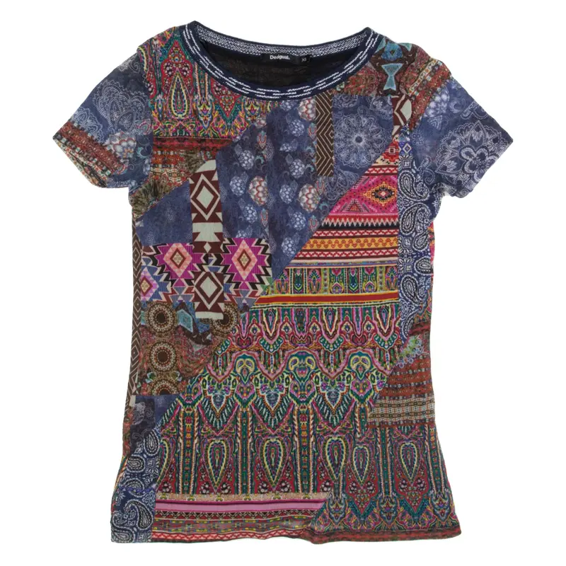 DESIGUAL Womens Printed Top Blue Crazy Pattern XS