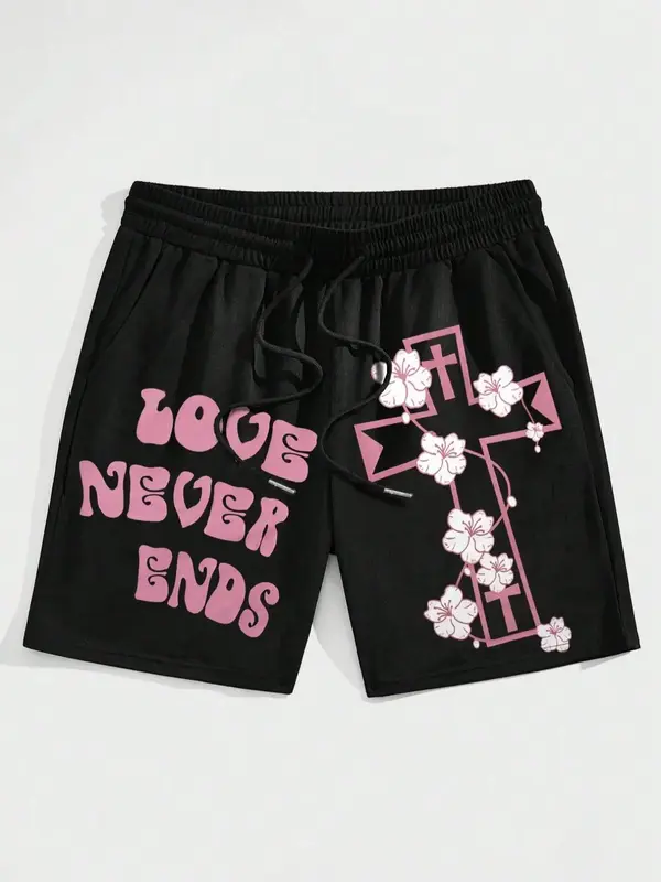 Men's Floral & Letter Graphic Pocket Drawstring Waist Shorts, Streetwear, Regular Fit Casual Comfy Shorts for Summer, Shorts ...