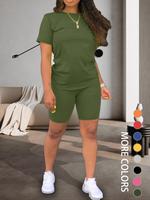 Two-piece Set Women's Plain Shorts Set, Comfort Round Neck Tee & Skinny Shorts,  Clothes Women, Back To School Outfits, Worko...