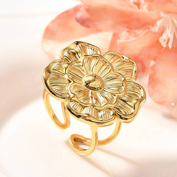 Flower 201 Stainless Steel Open Cuff Ring for Women
