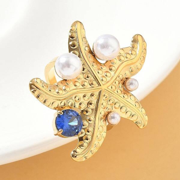304 Stainless Steel Micro Pave Cubic Zirconia Plastic Pearl Cuff Rings