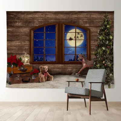 Aperturee Wood Horse Bear Sled Moon Night Christmas Backdrop