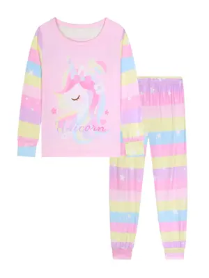 Girls 2-Piece Cartoon Colorful Unicorn Fall Pajama Set, Long Sleeve Round Neck Top with Pants, Cozy Sleepwear for Kids