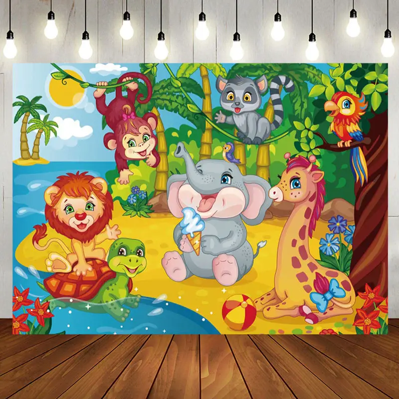 Animals Beach Coconut Tree Sea Baby Shower Backdrop - Aperturee