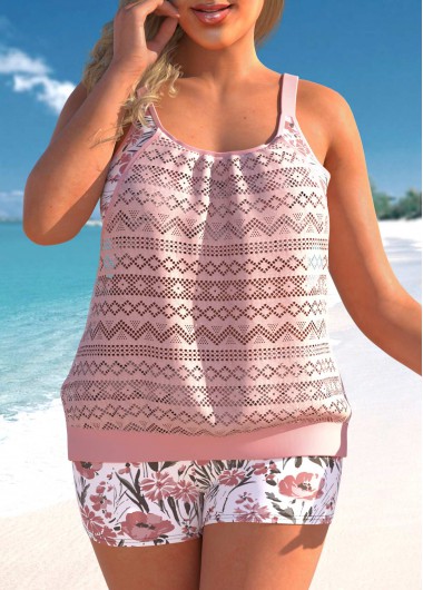 Modlily Light Pink Plus Size Floral Print Tankini Set - 1X